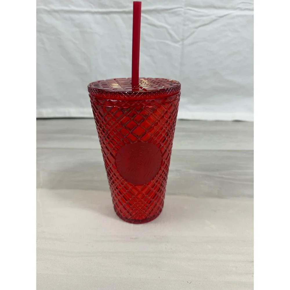 Starbucks Red Grid Studded Cold Cup Tumbler 16oz Iced Coffee Cup with Straw 2021